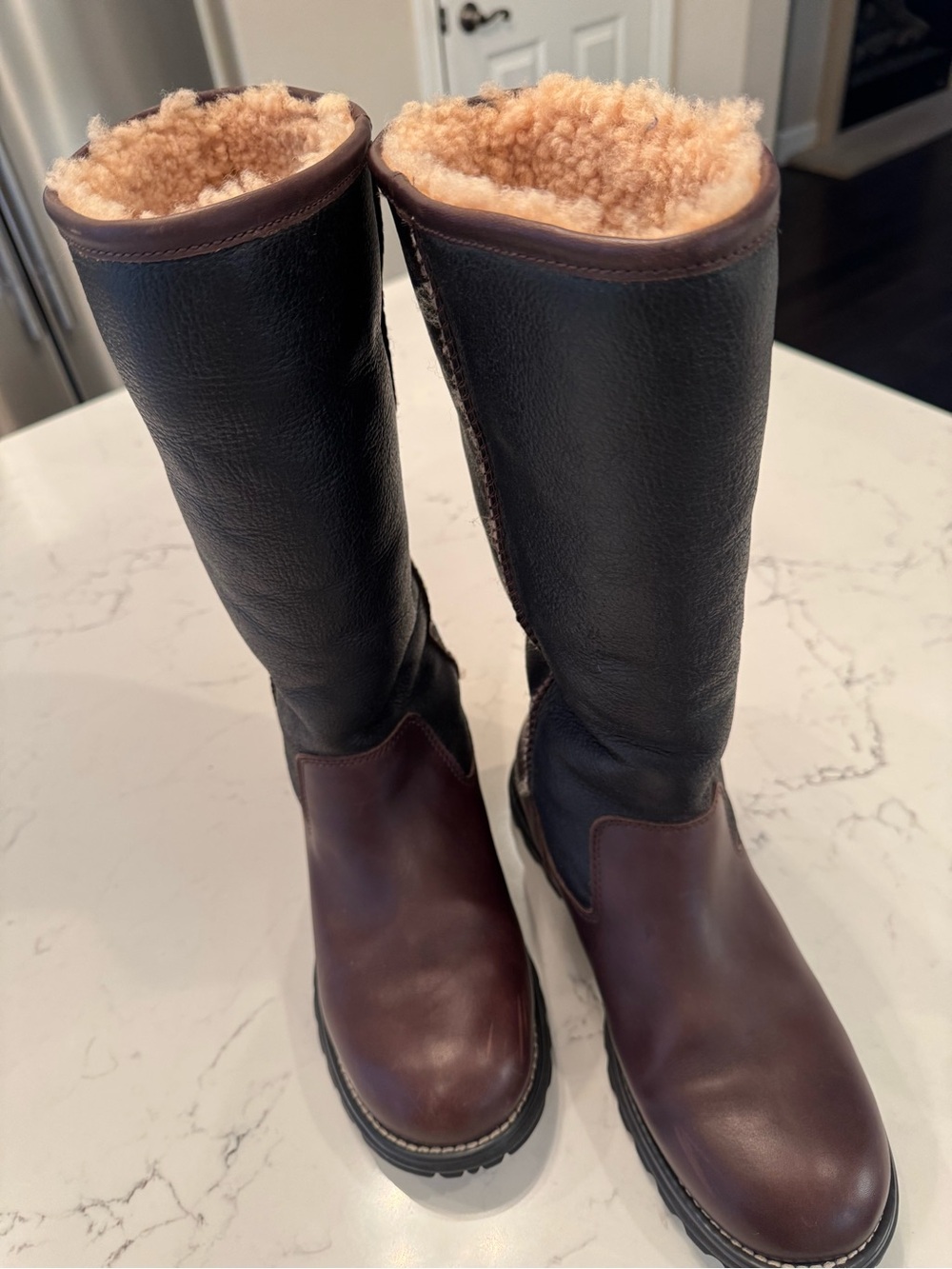 UGG Smooth Leather Tall Shearling-Lined Boots - Brown